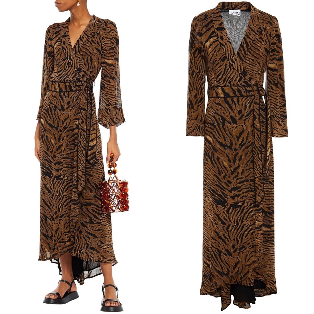 GANNI Printed Georgette Wrap Dress